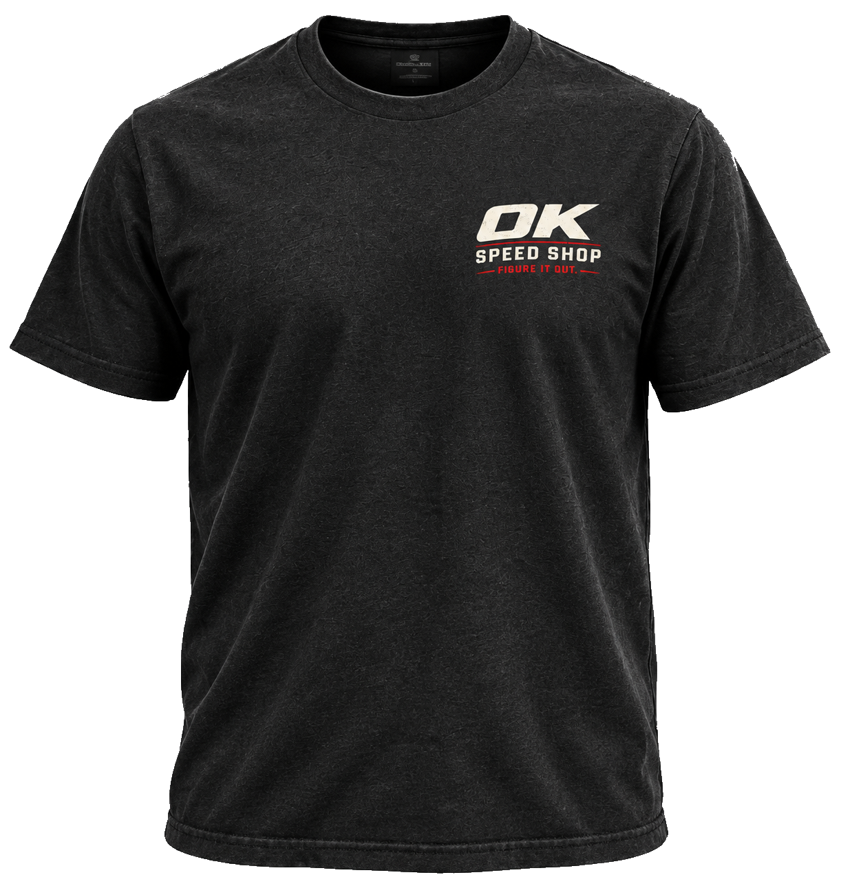 Front of the Save Old Iron tee with the left-chest OK Speed Shop logo